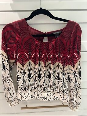 White House Black Market Red and Cream Printed Long-Sleeve Blouse